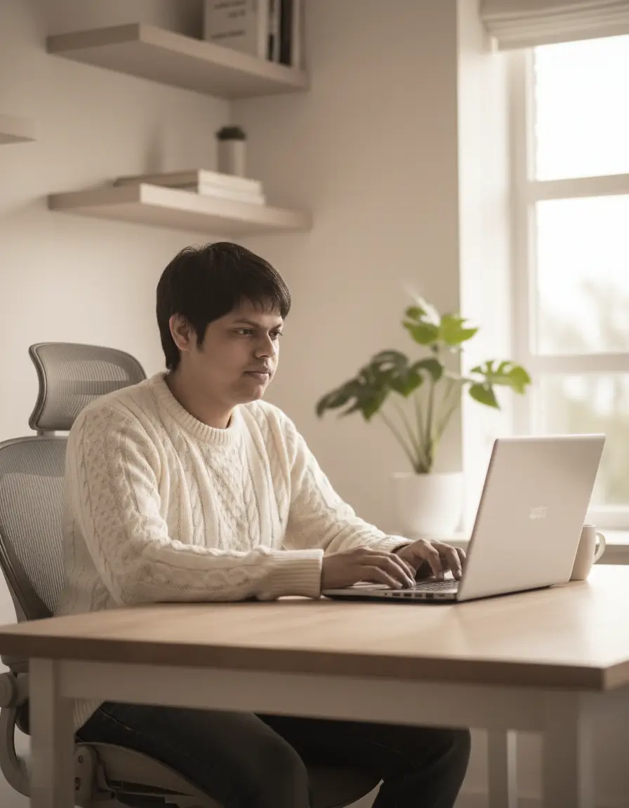 Arup Seth working as a virtual assistant on a laptop at a bright, modern desk