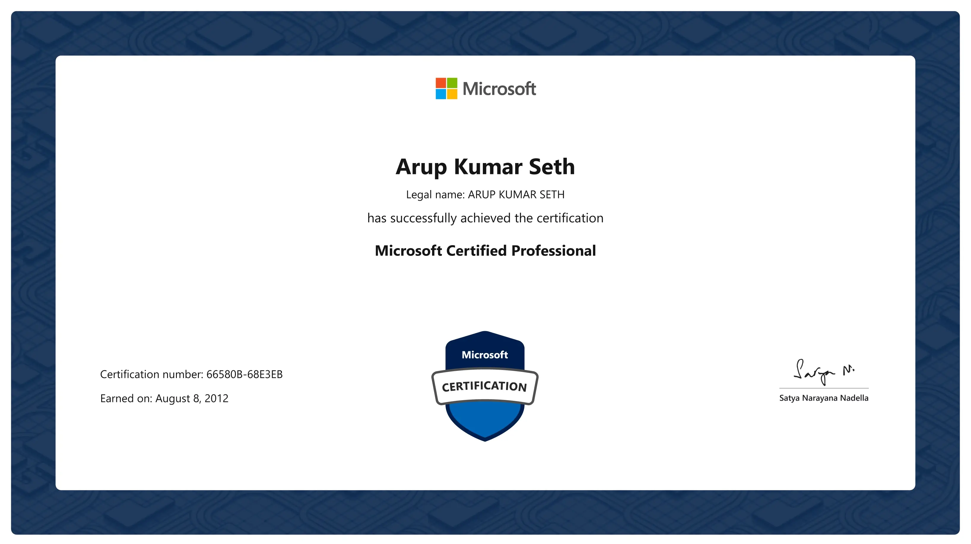 Microsoft Certified Professional Credential - Arup Seth